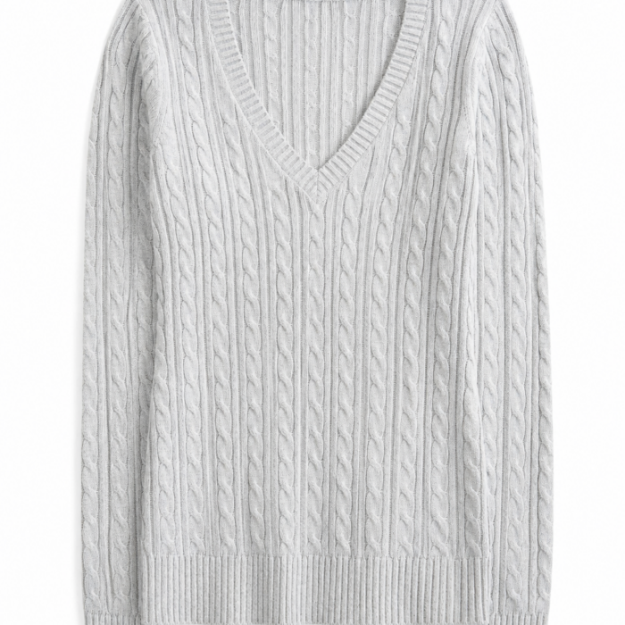 Light Gray Cable-Knit V-Neck Sweater