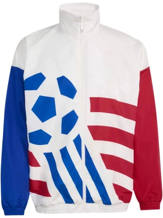 White Color Block Track Jacket with Blue and Red Sleeves