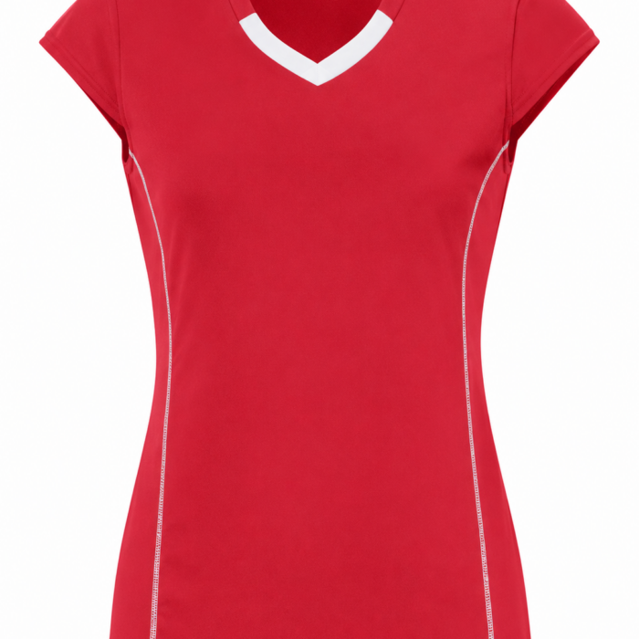 Red V-Neck Cap Sleeve Fitted Top with White Trim