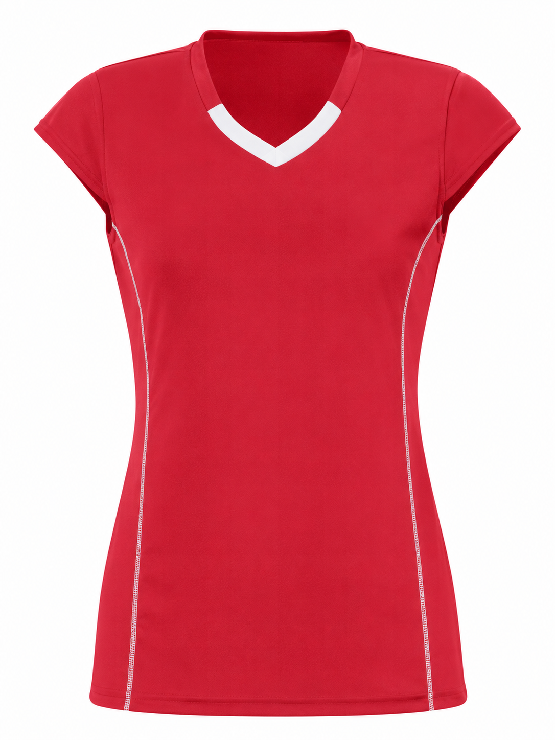 Red V-Neck Cap Sleeve Fitted Top with White Trim