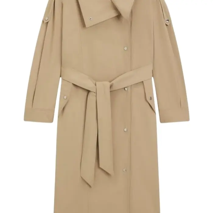 Beige Belted Trench Coat with Pointed Collar
