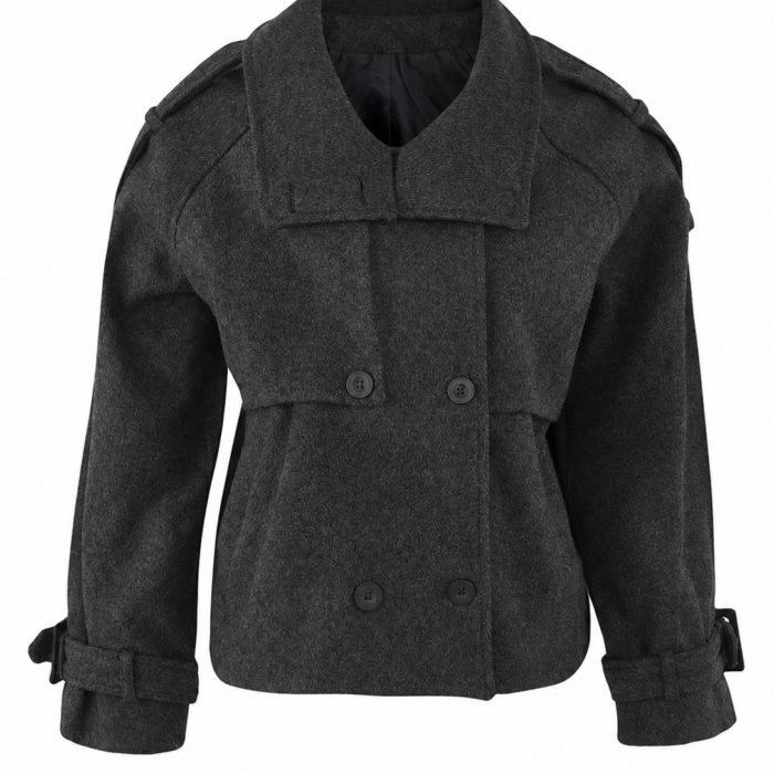 Charcoal Grey Double-Breasted Wool-Blend Coat with Storm Flap