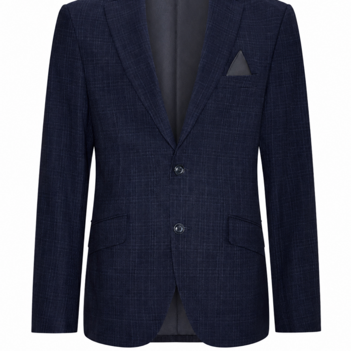 Navy Blue Crosshatch Single-Breasted Suit Jacket with Notch Lapels