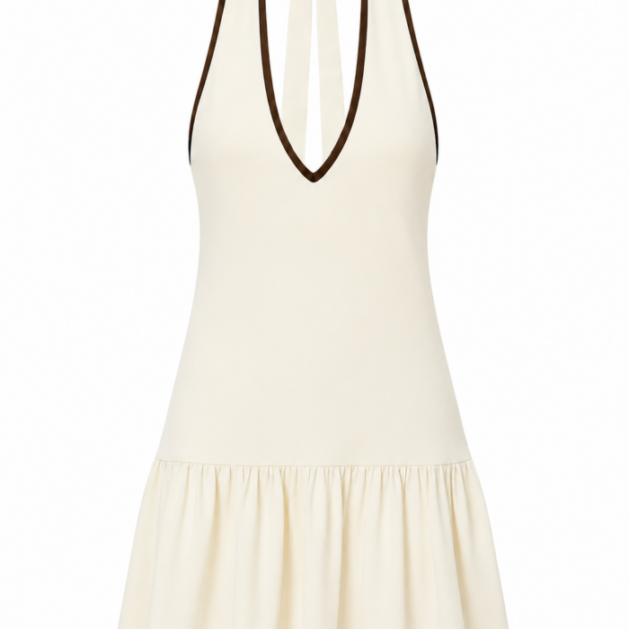 Cream Halter Mini Dress with Brown Trim