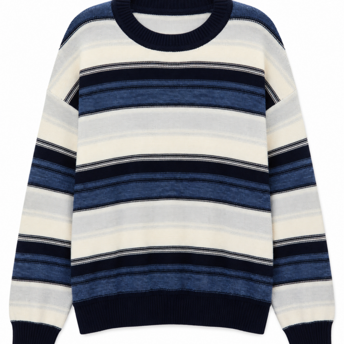 Navy Blue Multi-Stripe Oversized Crewneck Sweater