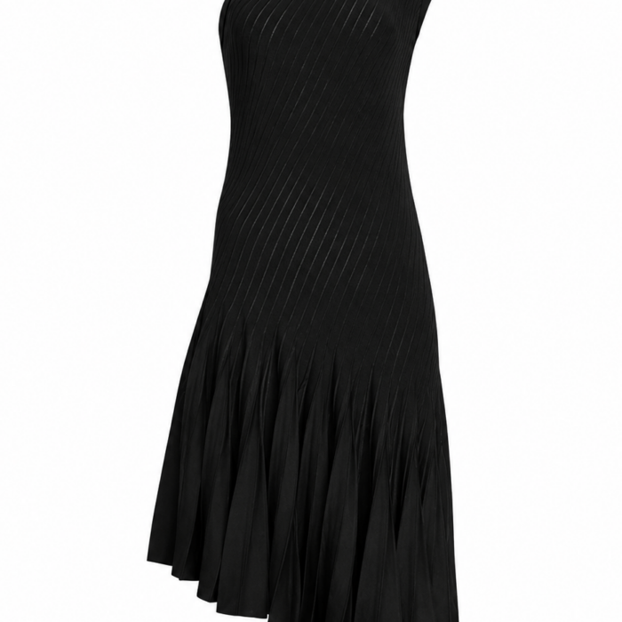 Black One-Shoulder Ribbed Knit Dress
