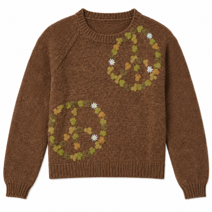 Brown Knit Sweater with Green Floral Appliqué Circles