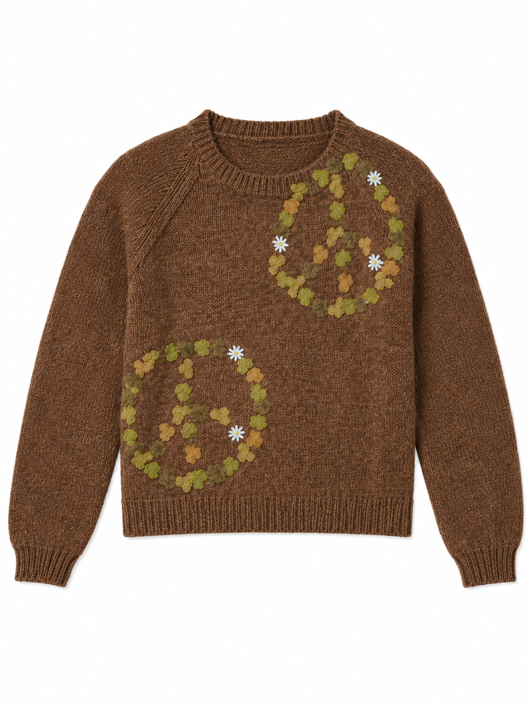 Brown Knit Sweater with Green Floral Appliqué Circles