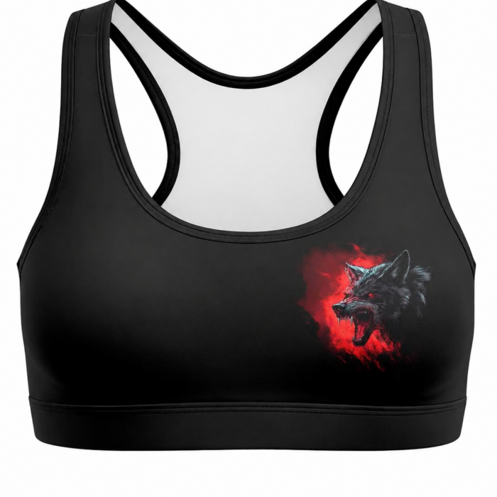 Black Racerback Sports Bra with Wolf Graphic
