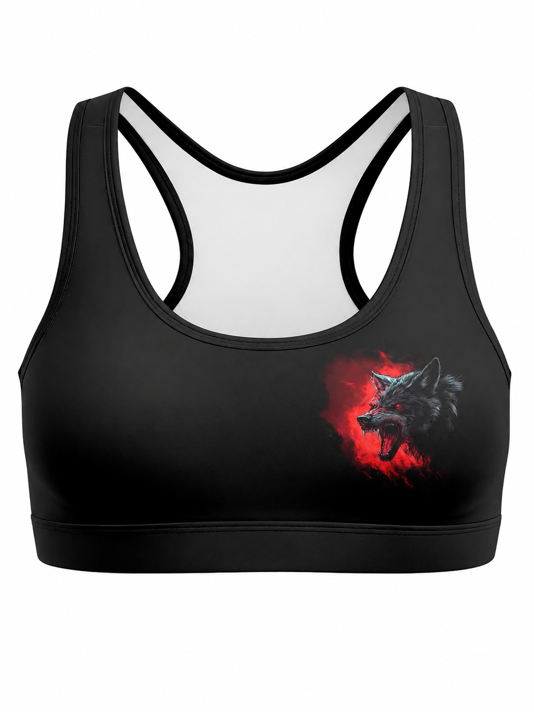 Black Racerback Sports Bra with Wolf Graphic