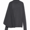 Charcoal Grey Asymmetrical Poncho Knit Top with Mock Neck