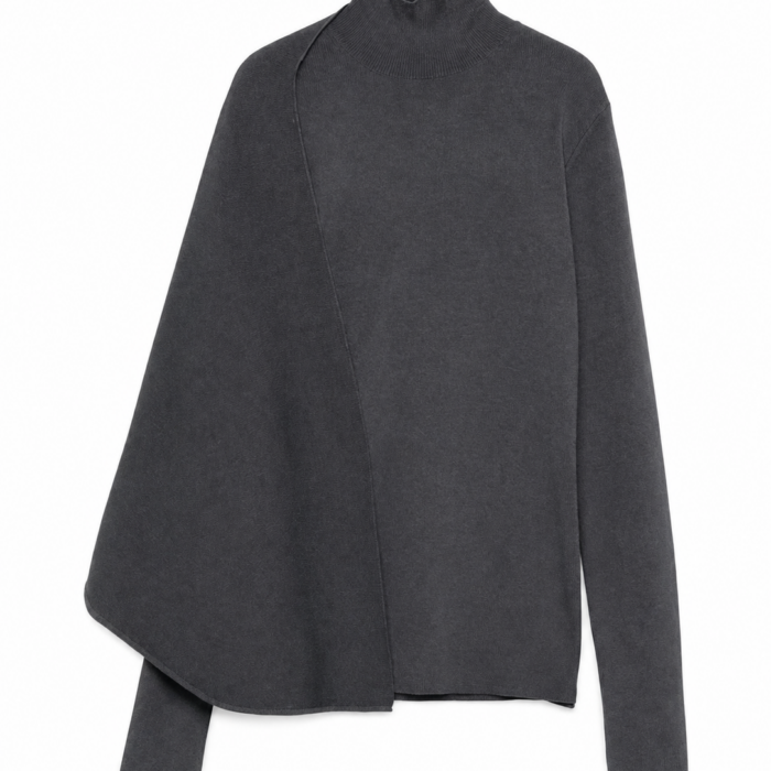 Charcoal Grey Asymmetrical Poncho Knit Top with Mock Neck