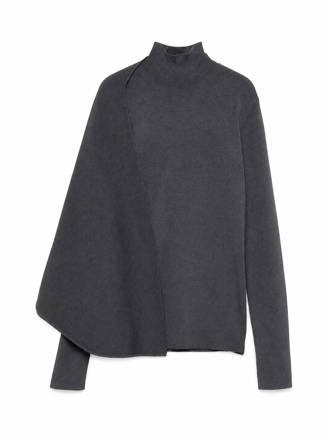 Charcoal Grey Asymmetrical Poncho Knit Top with Mock Neck