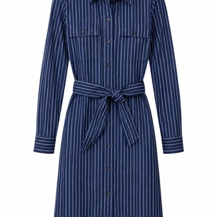 Navy Blue Pinstripe Midi Shirt Dress