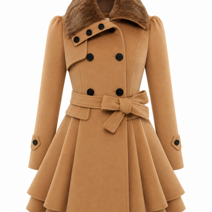 Camel Double-Breasted Belted Coat with Faux Fur Collar