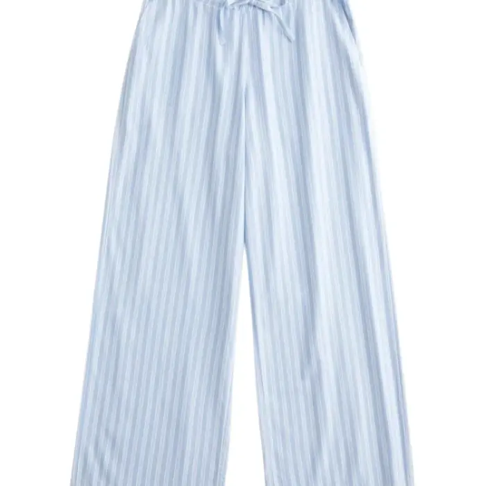 Light Blue and White Striped Wide-Leg Drawstring Pants