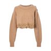 Beige Cropped Ribbed Knit Sweater with Scalloped Lace Hem