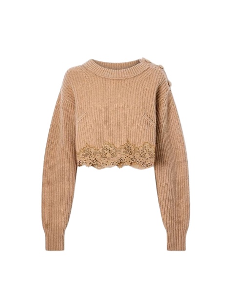 Beige Cropped Ribbed Knit Sweater with Scalloped Lace Hem