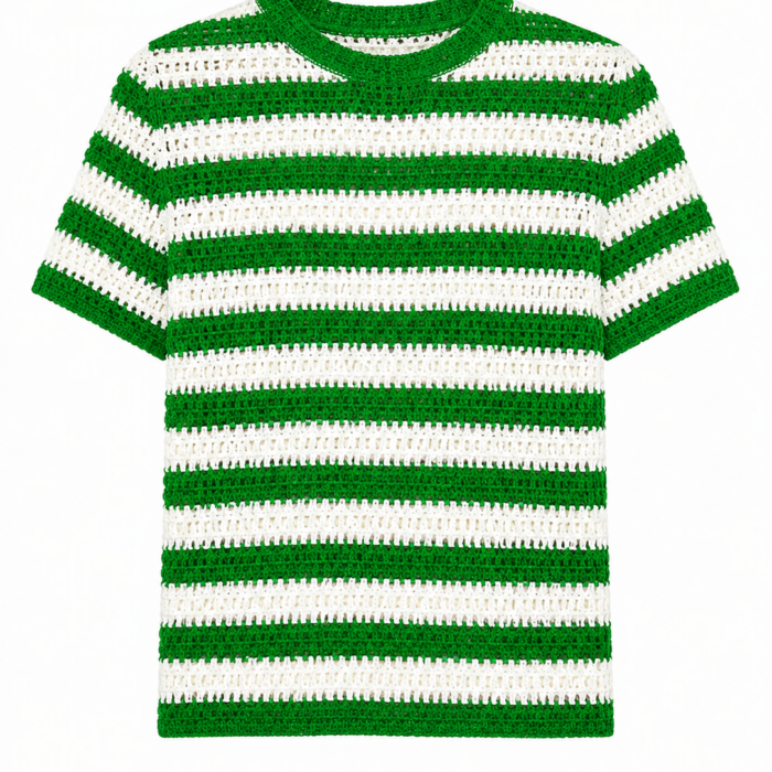 Green and White Striped Crochet Knit Top