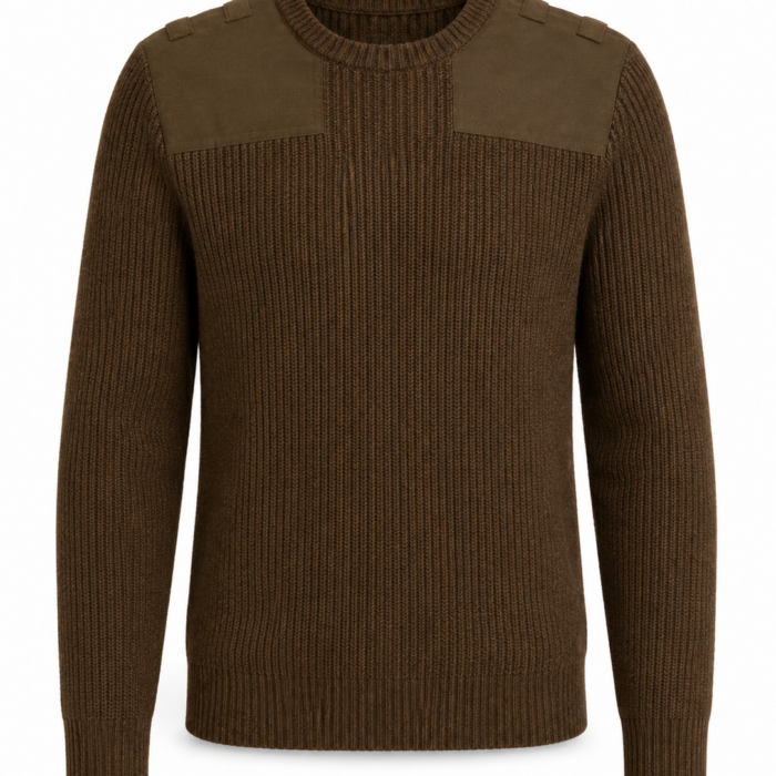 Olive Brown Rib-Knit Crewneck Sweater