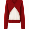 Deep Red Knit Cardigan with Ivory Mesh Panel