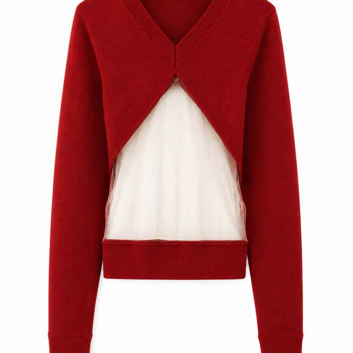 Deep Red Knit Cardigan with Ivory Mesh Panel
