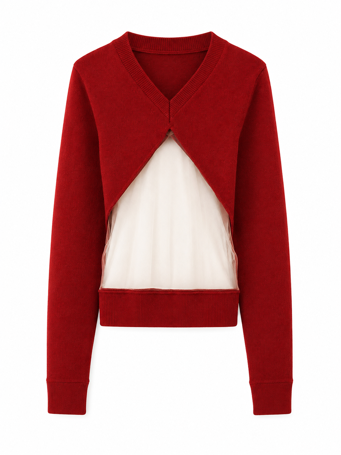 Deep Red Knit Cardigan with Ivory Mesh Panel