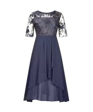 Navy Lace Midi Dress with Illusion Neckline and High-Low Hem