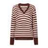 Burgundy and Cream Striped V-Neck Pullover Sweater