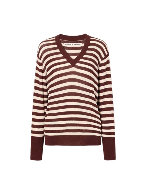 Burgundy and Cream Striped V-Neck Pullover Sweater