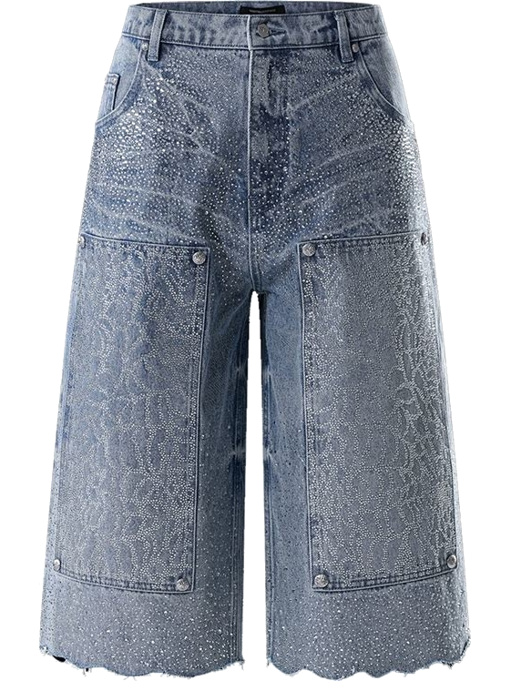 Light-Wash Rhinestone Wide-Leg Cropped Jeans with Frayed Hem