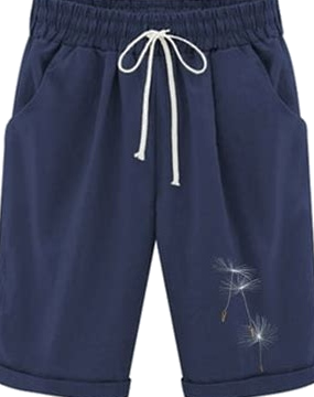 Navy Blue Drawstring Pull-On Shorts with Dandelion Embroidery